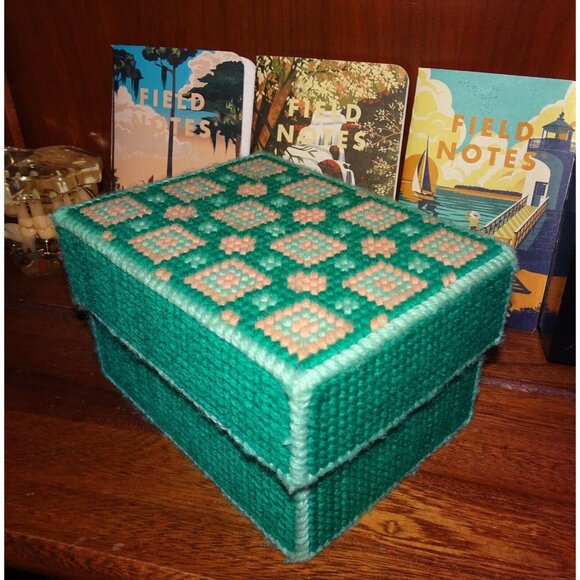 Handmade Aqua & Peach Plastic Canvas Needlepoint Trinket Box cross stitch craft - Picture 10 of 11